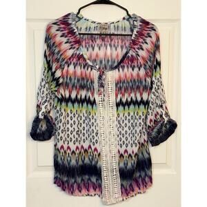 Como Vintage Boho Peasant Artsy Blouse‎ Tie Neck with Crochet Detail Size XXL